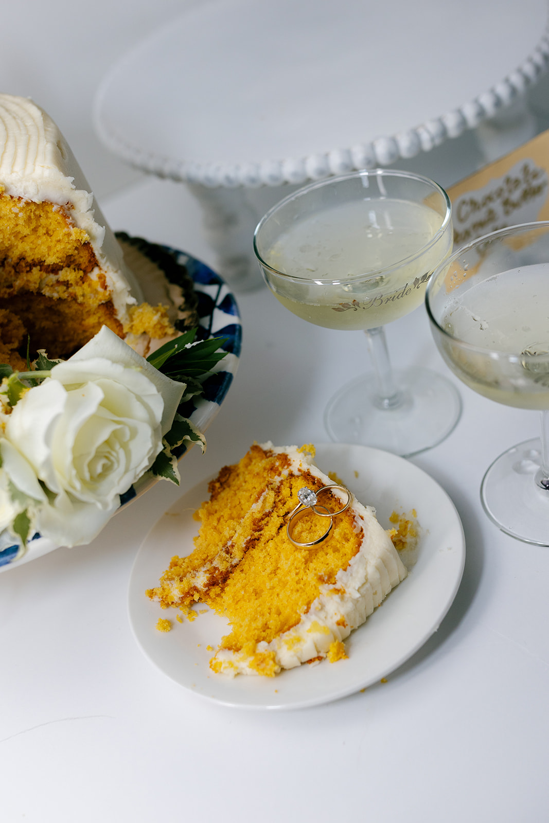 wedding cake and drinks aesthetically placed on a table 
