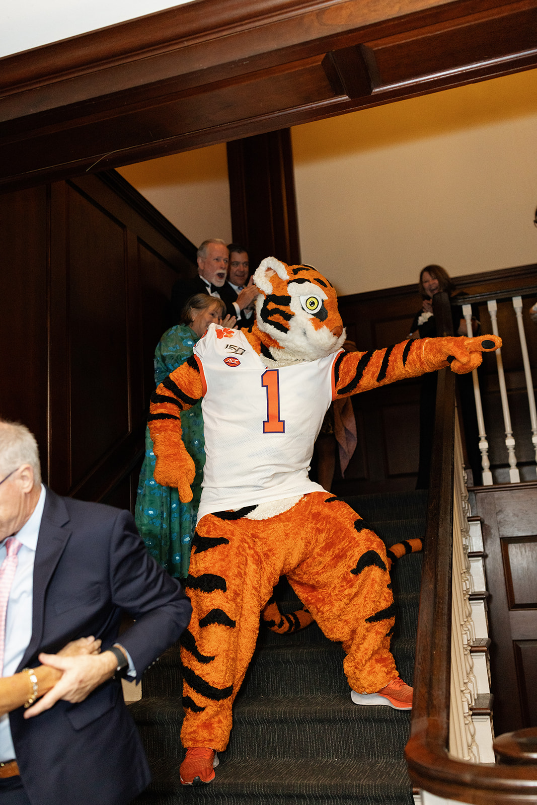 The tiger mascot points playfully while coming down the staircase at a Charleston wedding celebration.