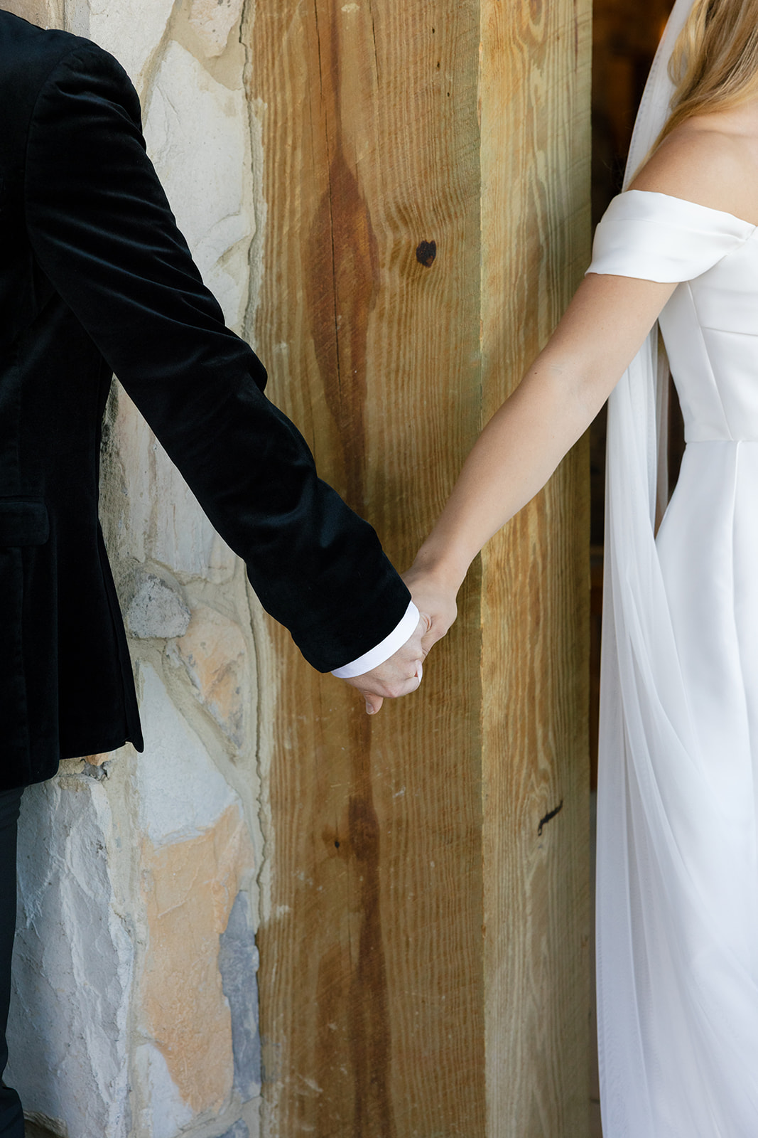 close up of bride and groom during their first touch