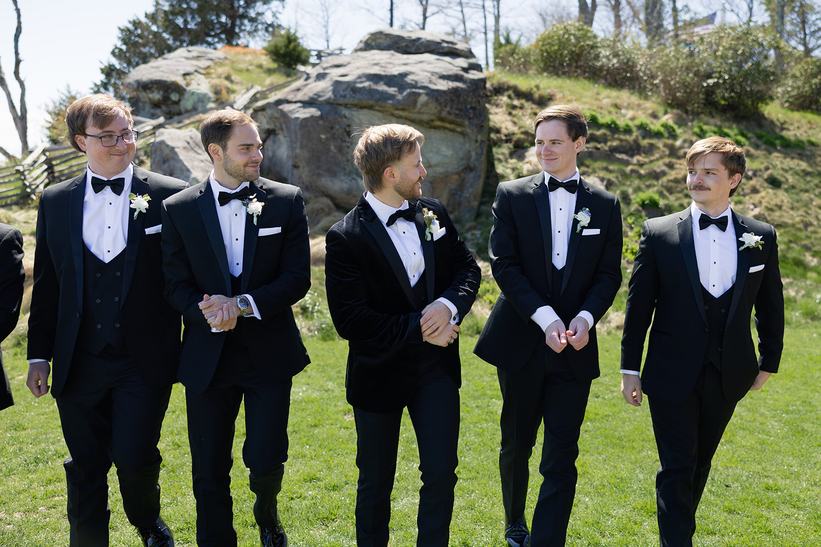 Groomsmen smiling with groom at Glassy Chapel in South Carolina
