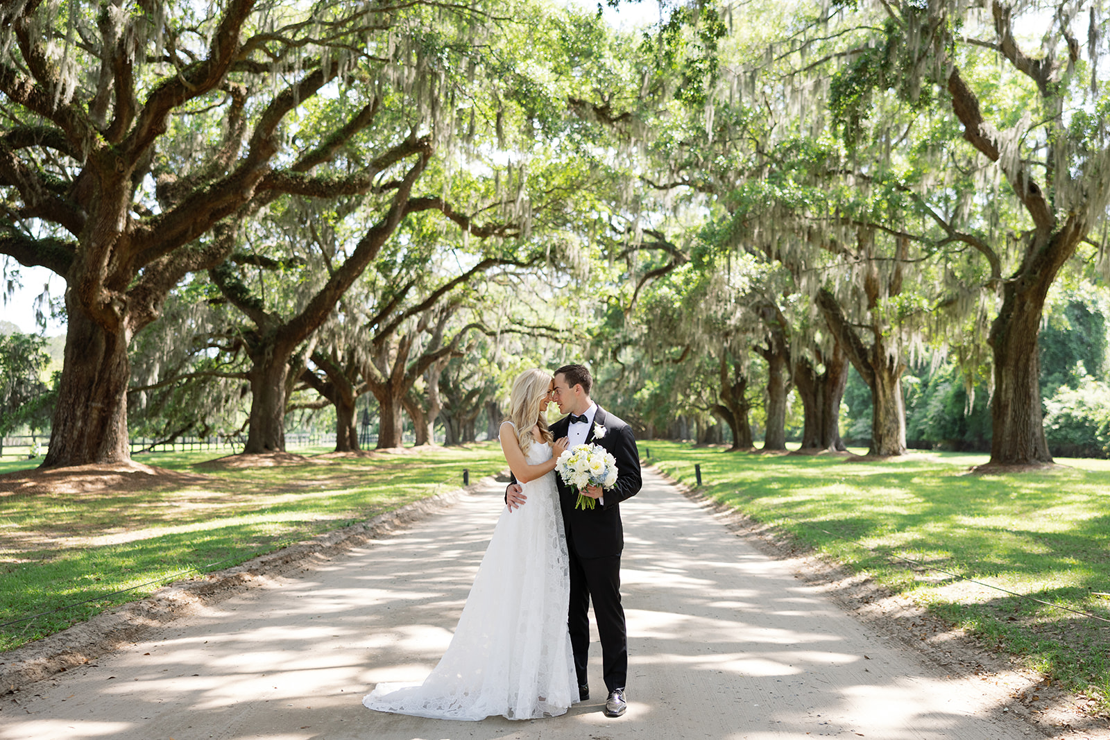 newlyweds underneath the beautiful trees for portraits 