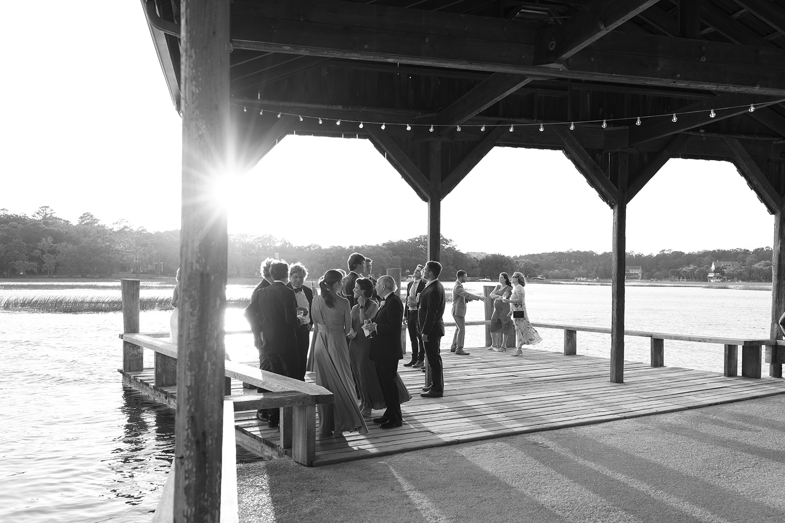 Wedding guests on the dock at Boone Hall Plantation