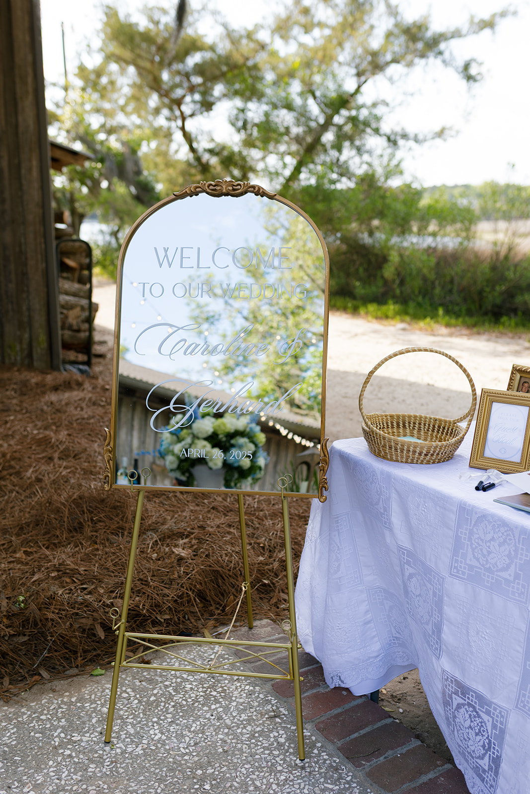 mirror welcome sign at Charleston wedding