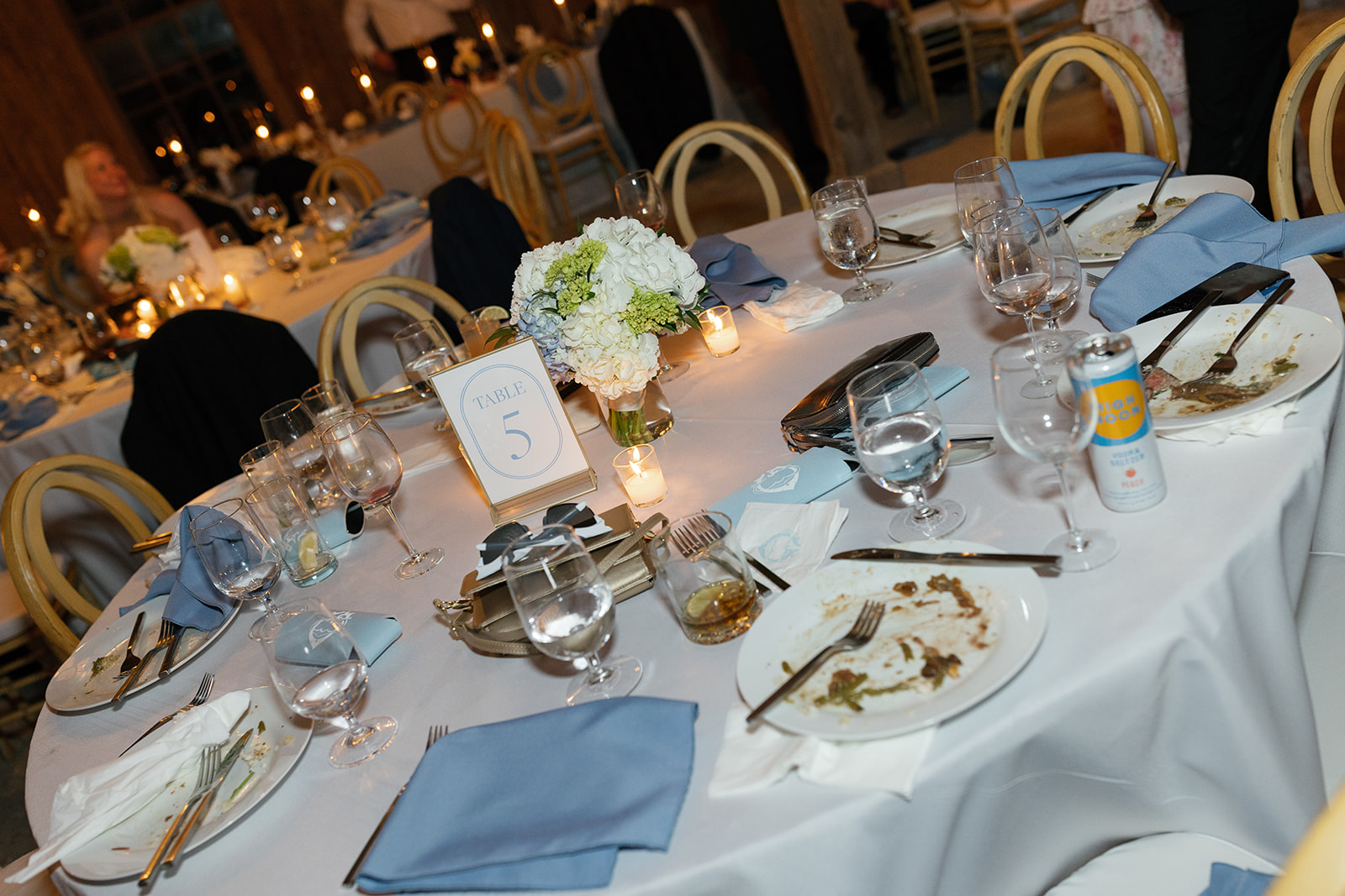 wedding reception table at the end of the night