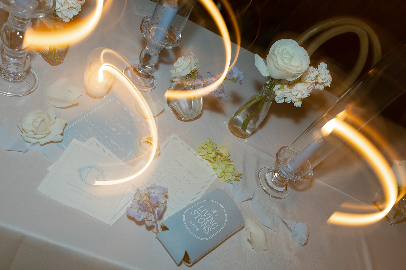 wedding reception table at the end of the night