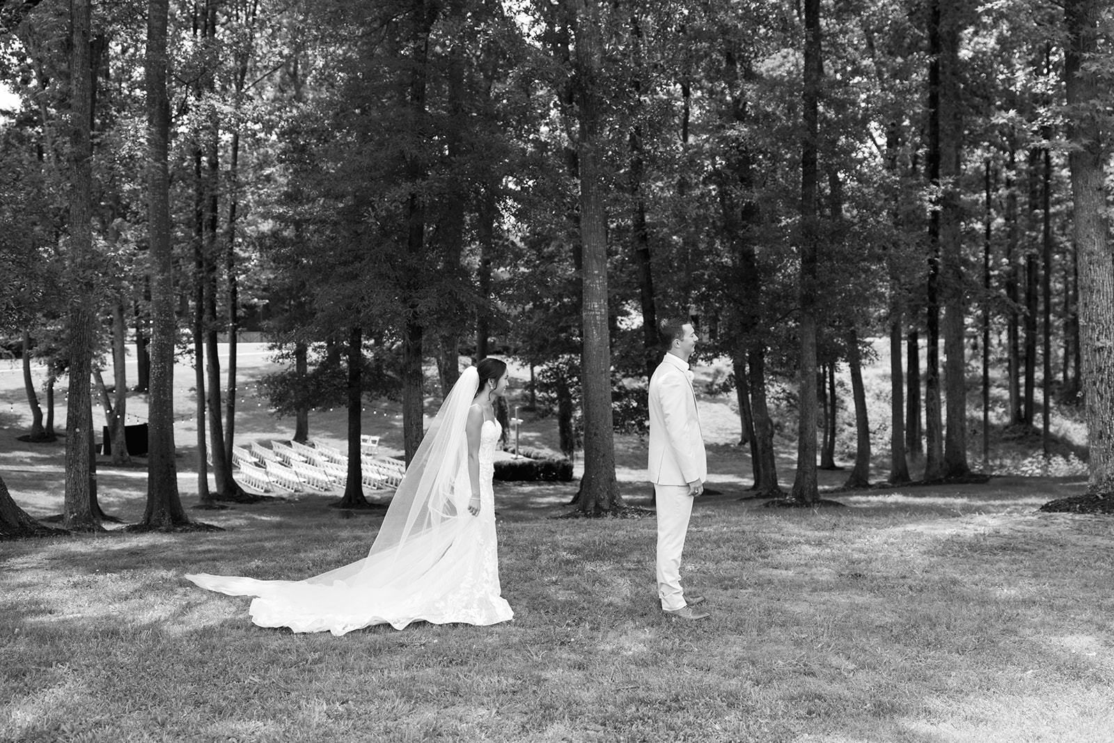 bride and groom during their first look at their South Carolina wedding