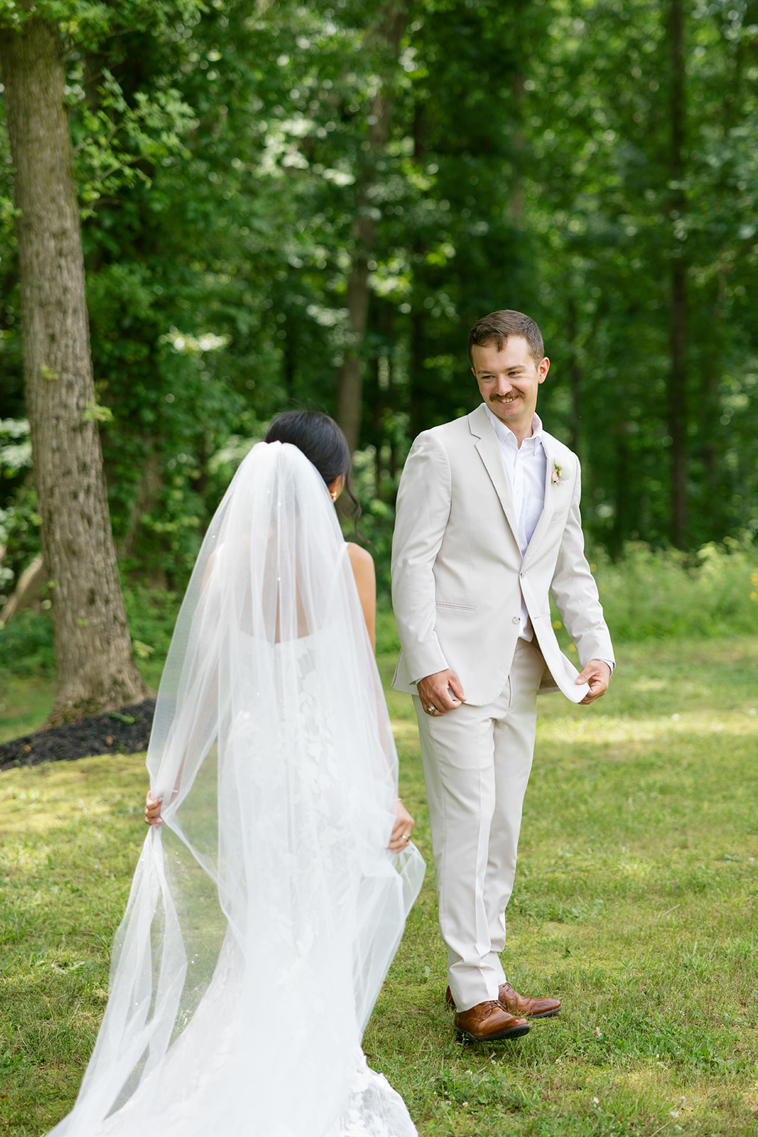 bride and groom during their first look at their South Carolina wedding