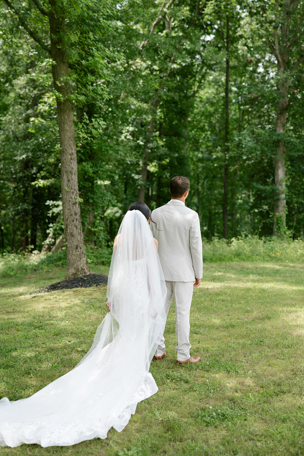 bride and groom during their first look at their South Carolina wedding