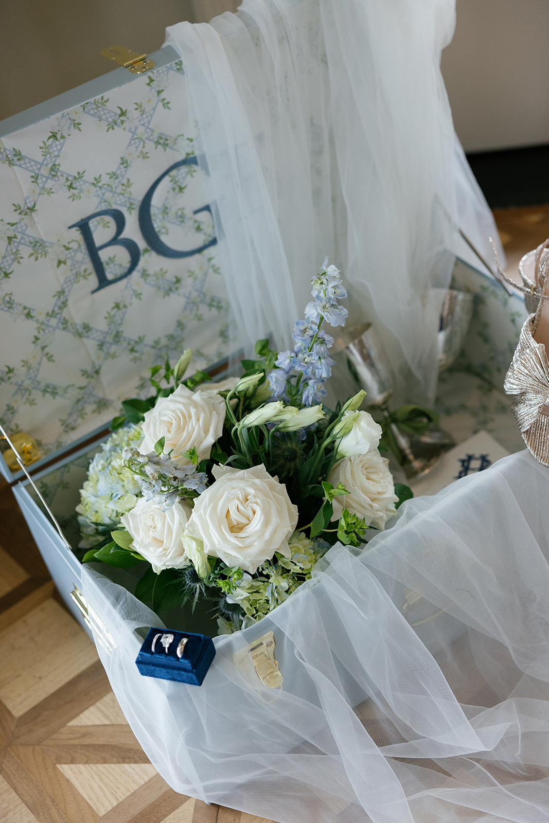 Film wedding photo of a monogrammed box holding a bridal bouquet, veil, and sparkling gold heels.