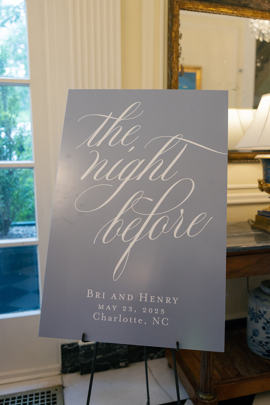 Custom calligraphy sign reading ‘The Night Before’ for Bri and Henry’s rehearsal dinner at Duke Mansion in Charlotte, NC.