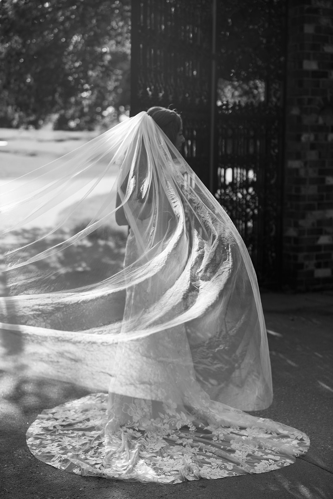 Elegant bridal portrait with a long veil blowing in the wind at Edinburgh West, photographed by a Greenville wedding photographer.